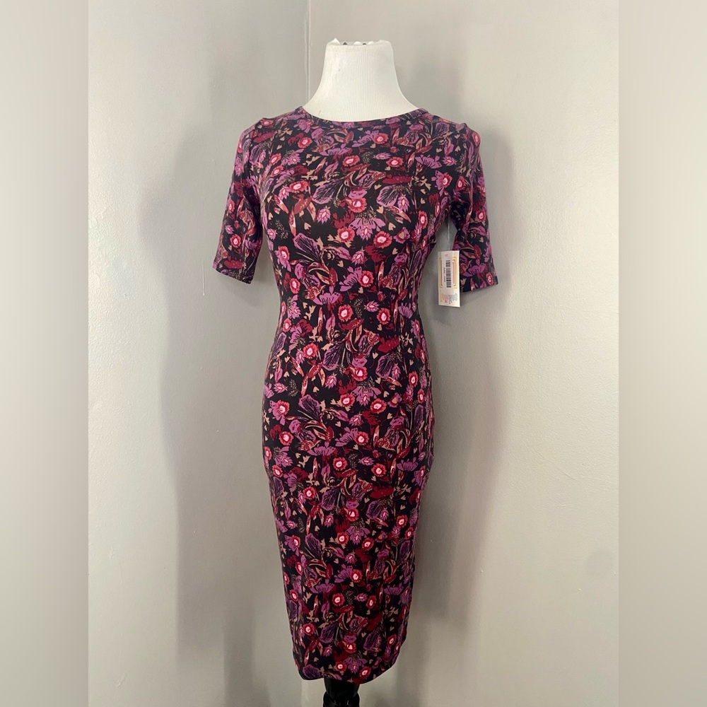 LuLaRoe Julia Dress Pink Floral Pattern Midi Form Fitting